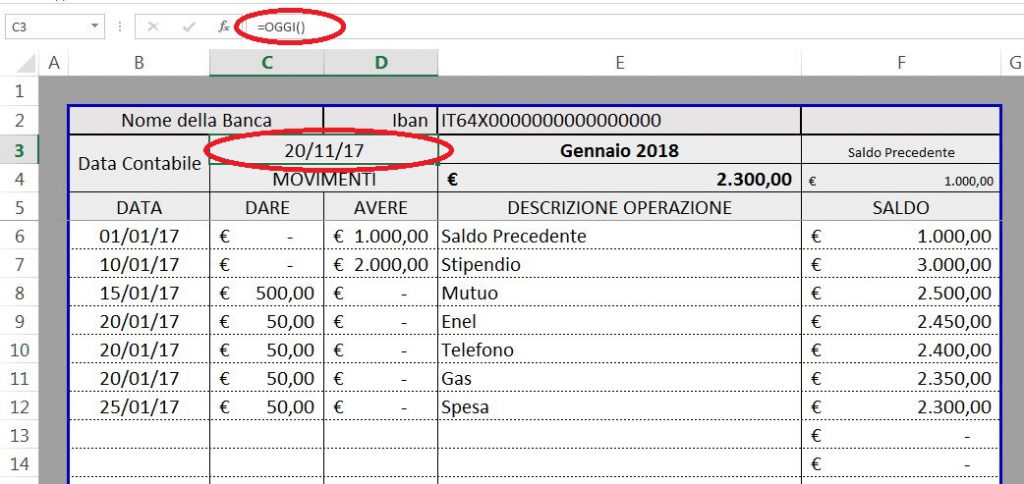 Conto Corrente: Foglio Di Calcolo - Bonifico Bancario